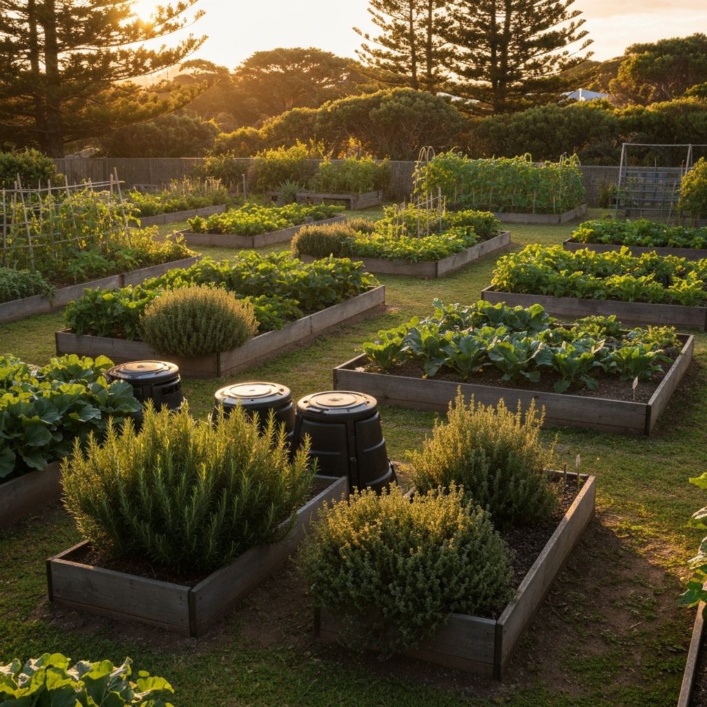 Thriving organic garden with raised beds and abundant vegetables in coastal NSW