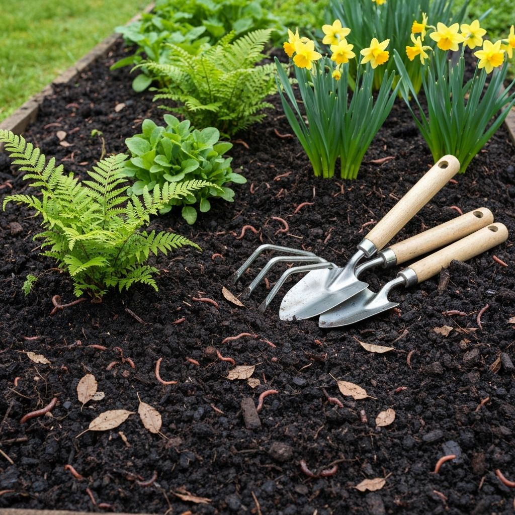 Rich dark organic compost in a garden bed with healthy plants growing